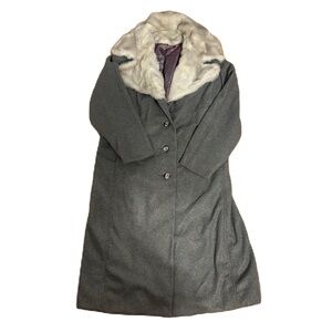 Vintage Faux Fur Collar Union Made Long Overcoat Full Length Sz 14 Gray